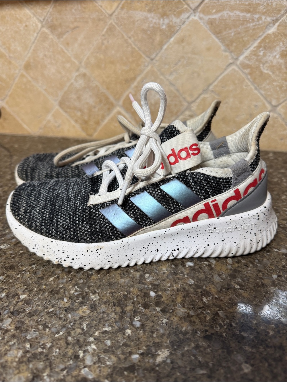 adidas Kids Black & Light Blue Knit Sneakers with Red Branding